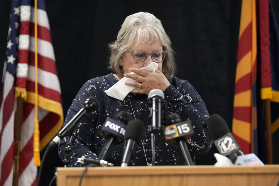 Leslie Bowdoin James, sister of Deana Lynne Bowdoin talks to the media on Wednesday, May 11, 2022, in Florence, Ariz. Inmate Clarence Dixon was put to death by lethal injection earlier Wednesday inside the state prison for his murder conviction in the killing of 21-year-old Arizona State University student Deana Bowdoin in 1978. Dixon was the first person to be executed in the state after a nearly eight-year hiatus in its use of the death penalty. (AP Photo/Rick Scuteri)