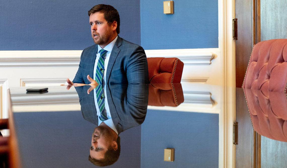 Missouri State Auditor Scott Fitzpatrick speaks during an interview at the Missouri State Capitol on Tuesday, Aug. 8, 2023, in Jefferson City, Mo.