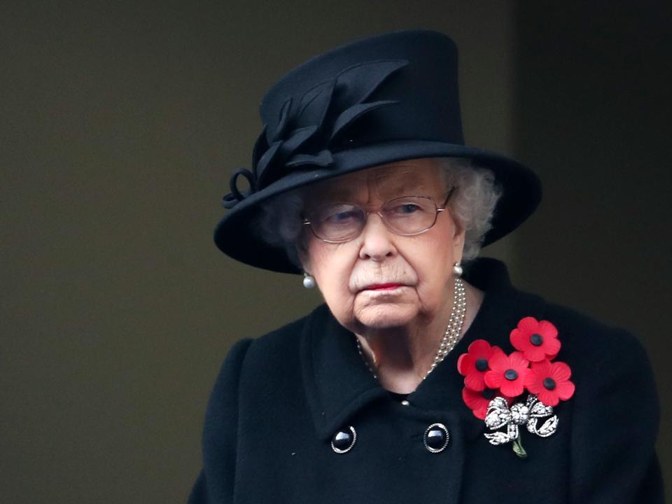 Britain's Queen Elizabeth II attends the Remembrance Sunday ceremony at the Cenotaph on Whitehall in central London, on November 8, 2020