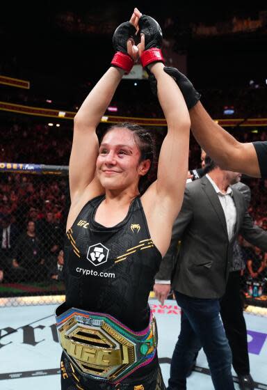 LAS VEGAS, NEVADA - SEPTEMBER 16: Alexa Grasso of Mexico reacts after retaining her title with a draw against Valentina Shevchenko of Kyrgyzstan in the UFC flyweight championship fight during the Noche UFC event at T-Mobile Arena on September 16, 2023 in Las Vegas, Nevada. (Photo by Chris Unger/Zuffa LLC via Getty Images)