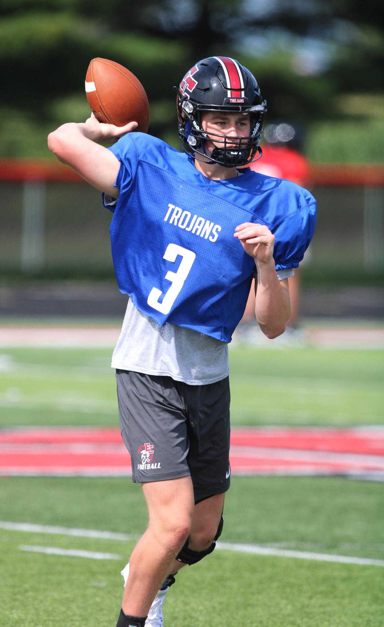 Junior quarterback Nolan Maple throws a pass during an August 2024 East Central football practice.