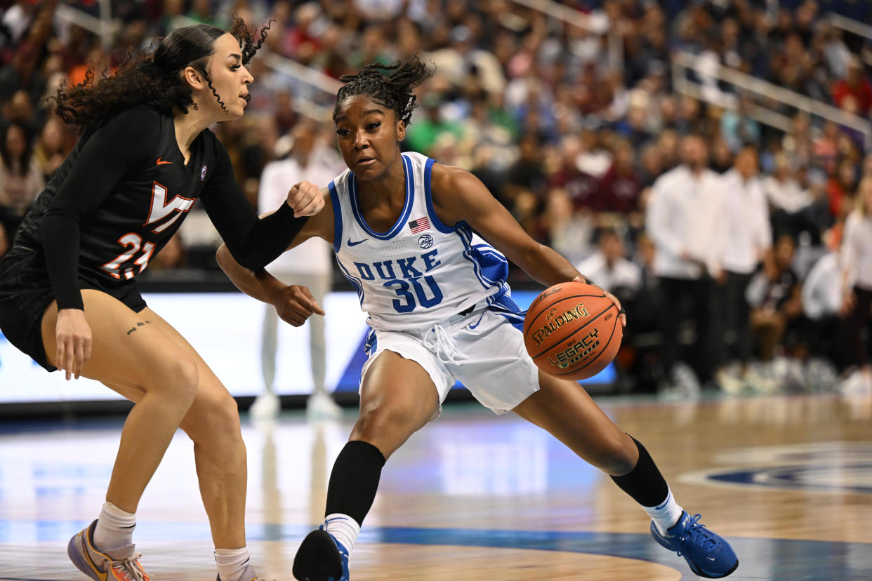 Duke guard Shayeann Day-Wilson drives against Virginia Tech guard Kayana Traylor during the ACC tournament on March 4, 2023. (William Howard/USA TODAY Sports)