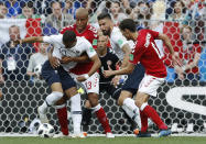 <p>Kylian Mbappe and Mathias Jorgensen tussle for the ball as Andreas Christensen and Olivier Giroud watch on </p>