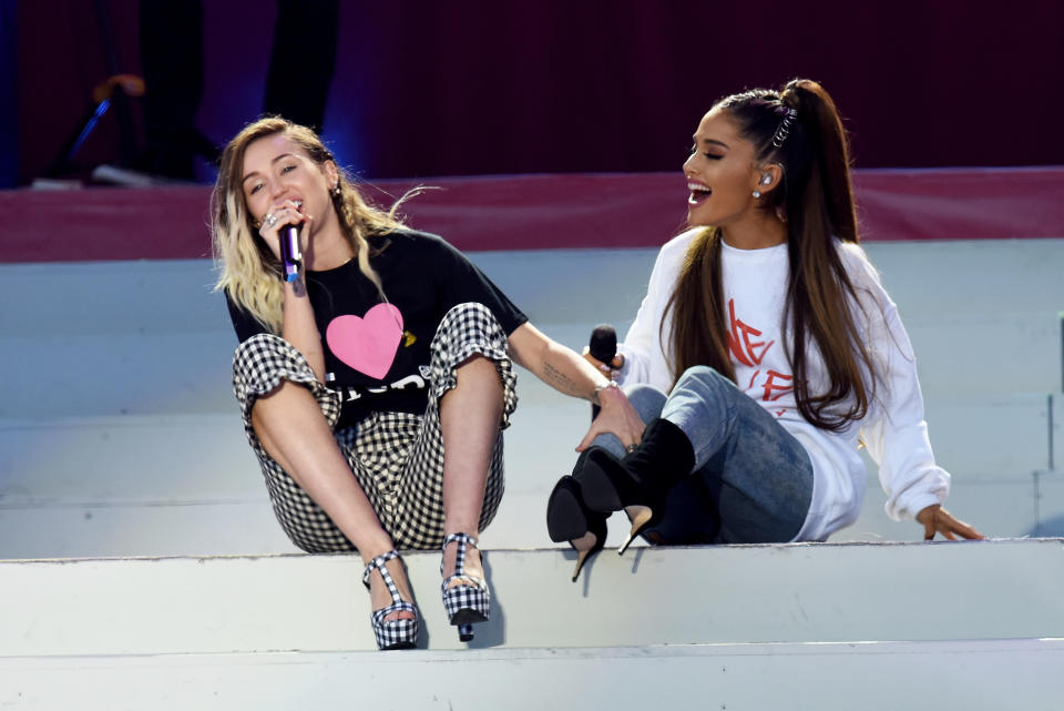 Miley Cyrus and Ariana Grande perform on stage on June 4, 2017 in Manchester, England. Donate at www.redcross.org.uk/love&nbsp;