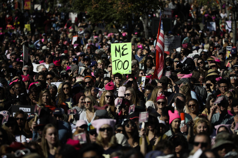 <p>Protesters gather at the Grand Park for a Women’s March against sexual violence and the policies of the Trump administration Saturday, Jan. 20, 2018, in Los Angeles, Calif. (Photo: Jae C. Hong/AP) </p>