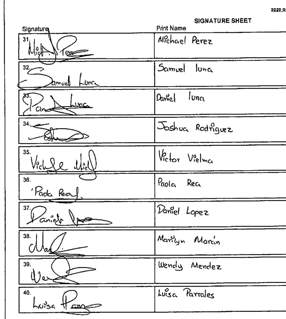 This frame grab made on Wednesday, July 29, 2020, of a New Jersey Division of Elections nominating petition shows signatures submitted by Kanye West to appear on New Jersey's ballot as a presidential candidate. The document was provided by election law attorney Scott Salomon who filed an objection with the state Division of Elections after reviewing the more than 1,300 signatures West submitted. Salmon says says he counted more than 600 that were in some way defective. The petition shows that a number of signatures appear written by the same hand. (Scott Salmon via AP)