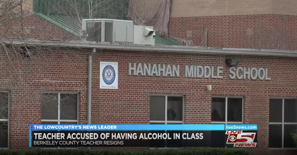 A teacher at Hanahan Middle School in South Carolina reportedly resigned after officials said they found her drinking alcohol at work. (Image: WCSC)