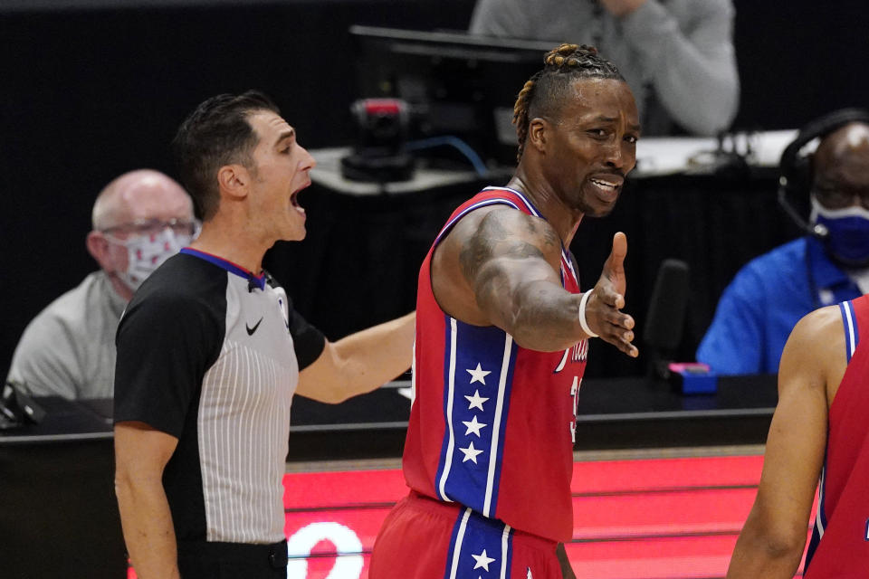 Philadelphia 76ers center Dwight Howard complains as he is ejected from the game during the second half of an NBA basketball game against the Los Angeles Clippers Saturday, March 27, 2021, in Los Angeles. The Clippers won 122-112. (AP Photo/Mark J. Terrill)