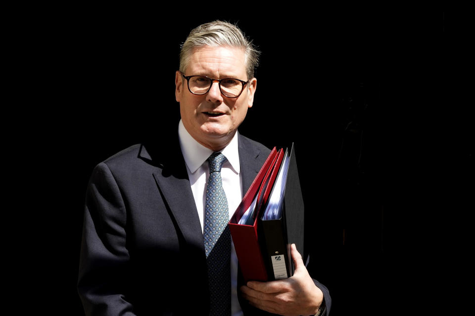 FILE - Britain's Prime Minister Keir Starmer leaves 10 Downing Street to attend the weekly Prime Ministers' Questions session in parliament in London, July 24, 2024. (AP Photo/Frank Augstein, File)