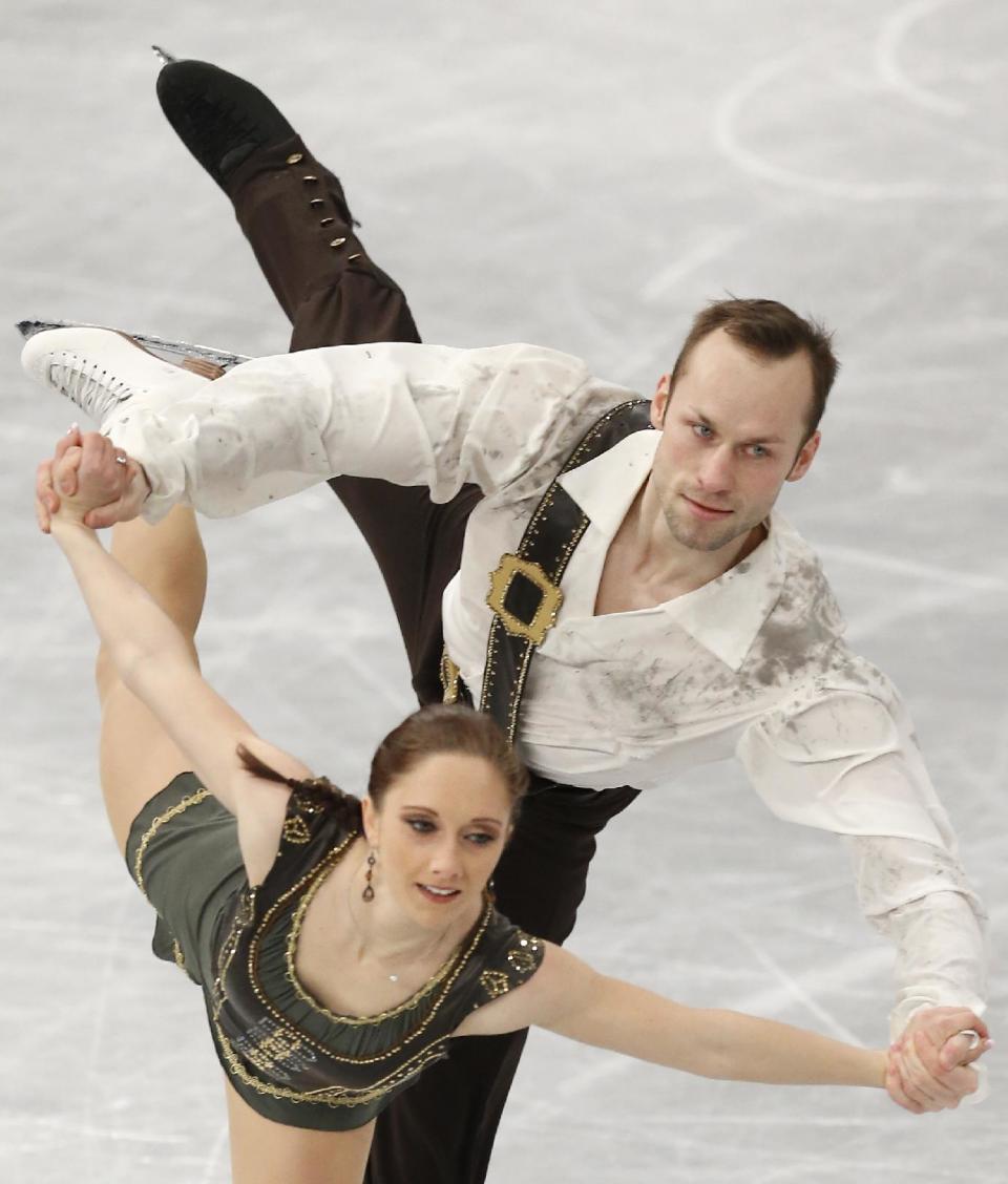 Germany's Maylin Wende and Daniel Wende compete in the pairs free skating at the European Figure Skating Championships in Budapest, Hungary, Sunday, Jan. 19, 2014. (AP Photo/Darko Bandic)