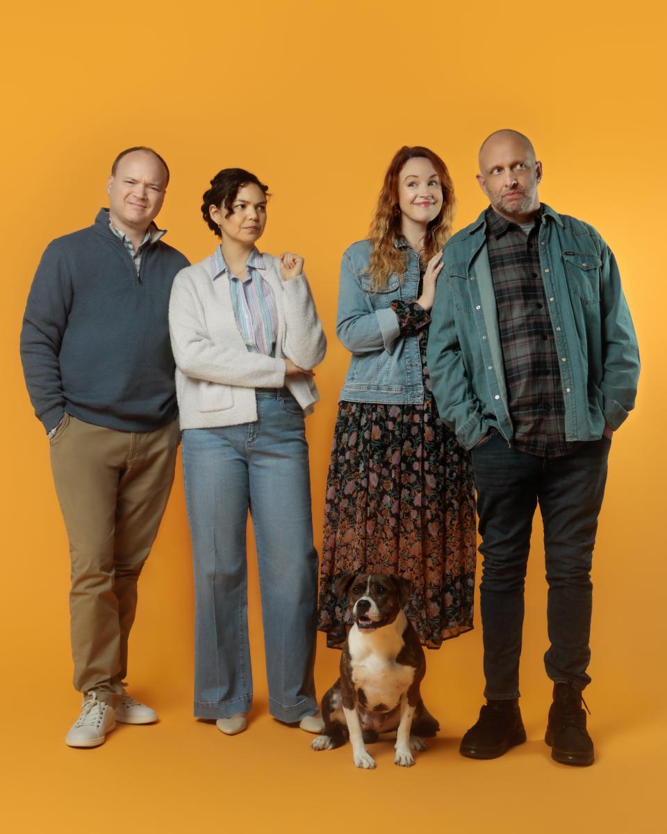 From left Jonathan Fielding, Dekyi Rongé, Alex Pelletier and Gregg Weiner play two couples who get into a dispute over the gift of a dog.