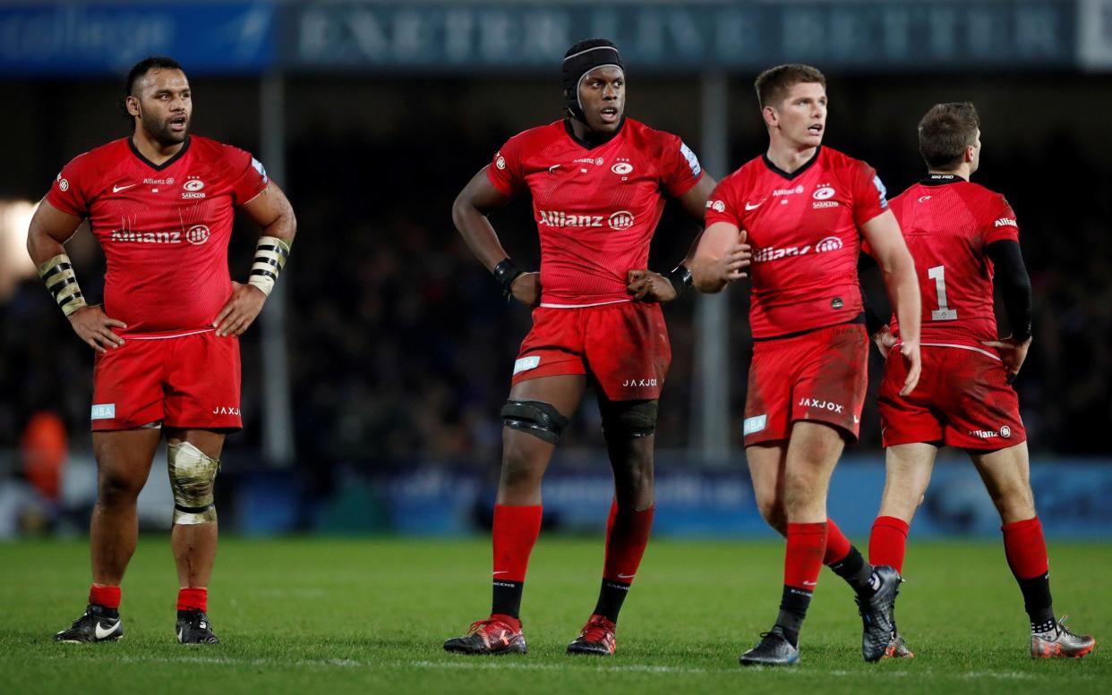 Saracens' Billy Vunipola, Maro Itoje and Owen Farrell look dejected - ACTION IMAGES