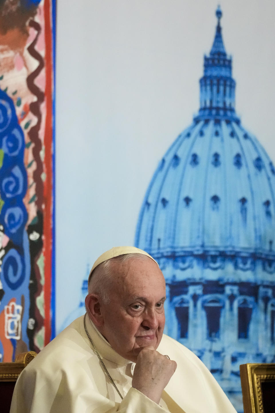 Pope Francis attends the world's first meeting of the 'Educational Eco-Cities' promoted by the 'Scholas Occurrentes', at the Vatican, Thursday, May 25, 2023. (AP Photo/Andrew Medichini)