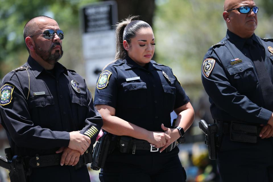 Police officers attend a press briefing hosting by the Texas Department of Public Safety on May 26 in Uvalde. The law enforcement response to the shooting has received withering criticism.