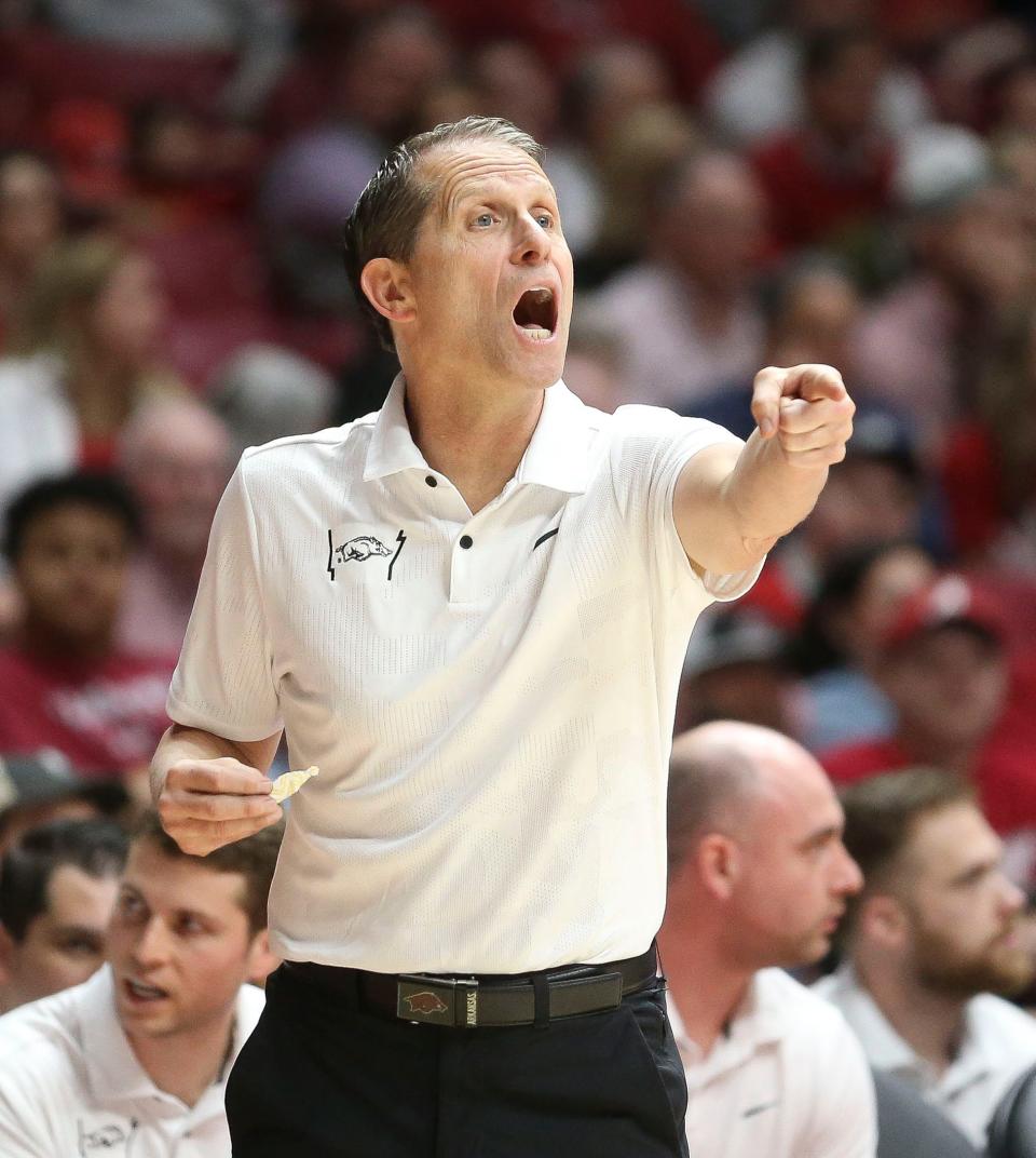 Mar 9, 2024; Tuscaloosa, Alabama, USA; Arkansas head coach Eric Musselman gives directions to his team as they play Alabama at Coleman Coliseum. Alabama came from behind to win on overtime 92-88. Mandatory Credit: Gary Cosby Jr.-USA TODAY Sports
