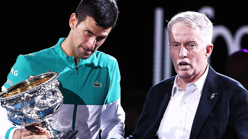Novak Djokovic and Craig Tiley, pictured here at the Australian Open in 2021.