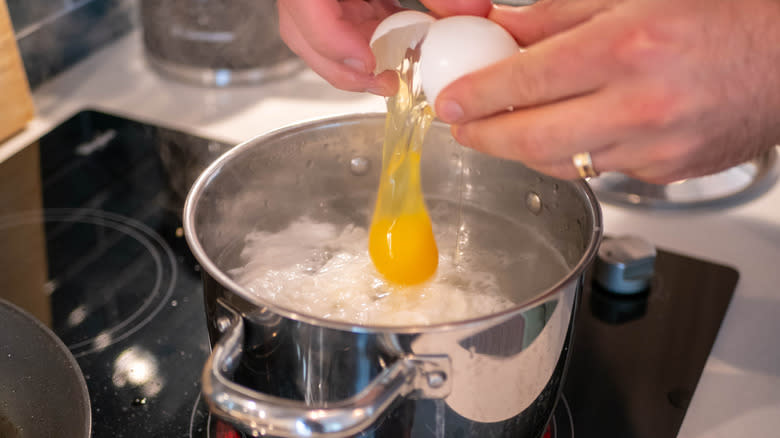 breaking egg into boiling pot of water