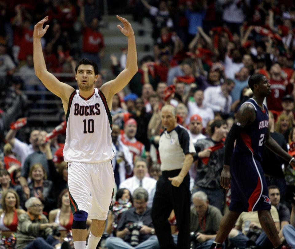 Milwaukee Bucks' Carlos Delfino reacts after sinking a 3-point basket against the Atlanta Hawks in the 2010 playoffs.