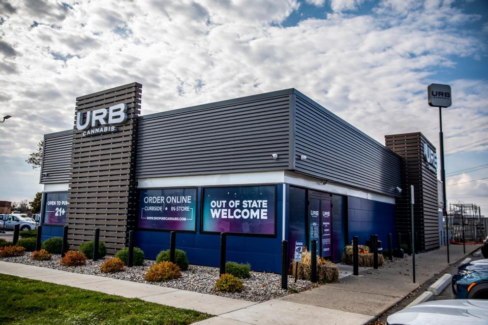 Along La Plaisance Road in Monroe, Michigan, multiple marijuana dispensaries like URB Cannabis sit right off the freeway to attract out-of-state customers like Ohioians, on Monday, Nov. 6, 2023. Michigan dispensaries will be impacted if Ohio voters legalize recreational marijuana in their state during Tuesday elections.