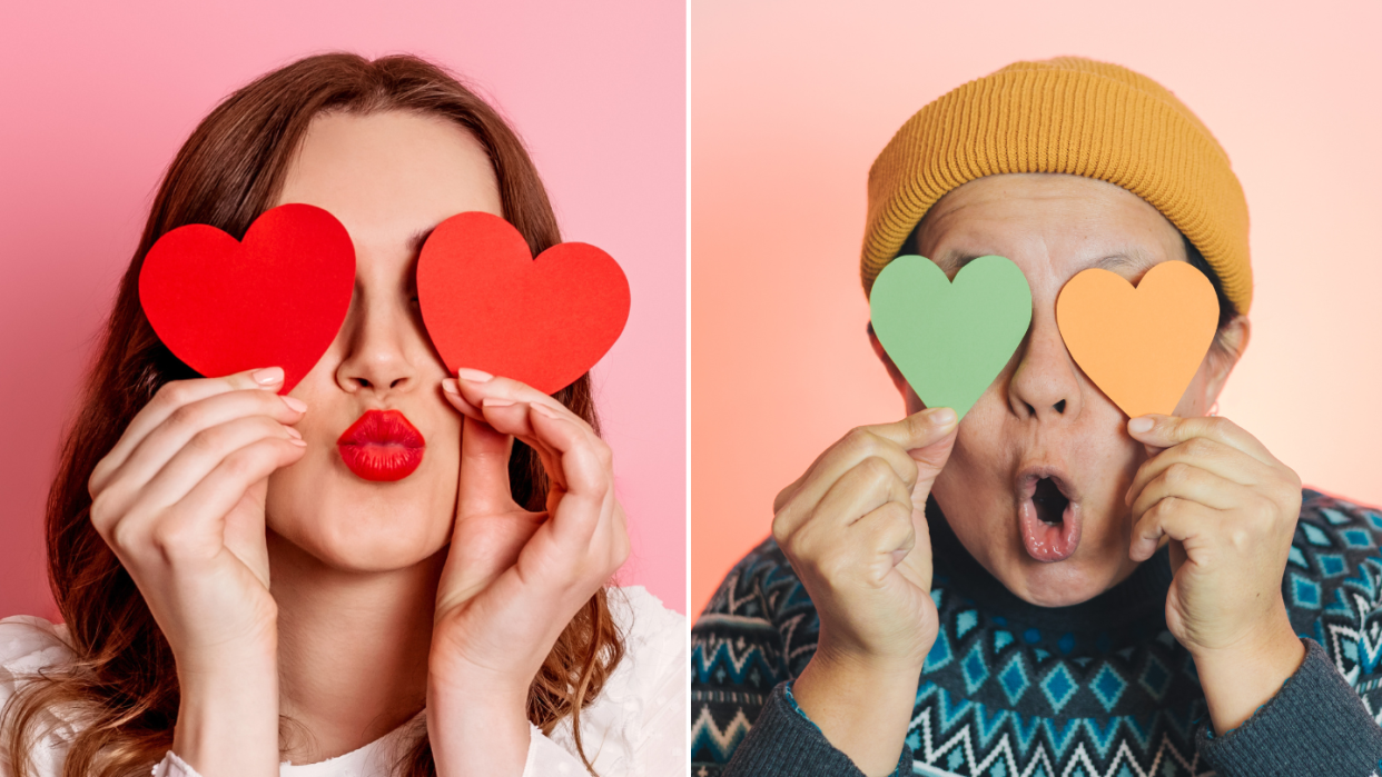 A composite photo of two women with one covering her eyes with red paper hearts (left) and the other covering her eyes with a green and orange paper hearts, to illustrate the red, green and beige flags in dating and relationships.