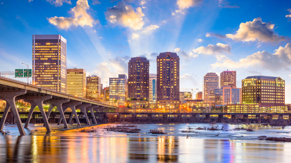 Richmond, Virginia, USA downtown skyline on the James River.