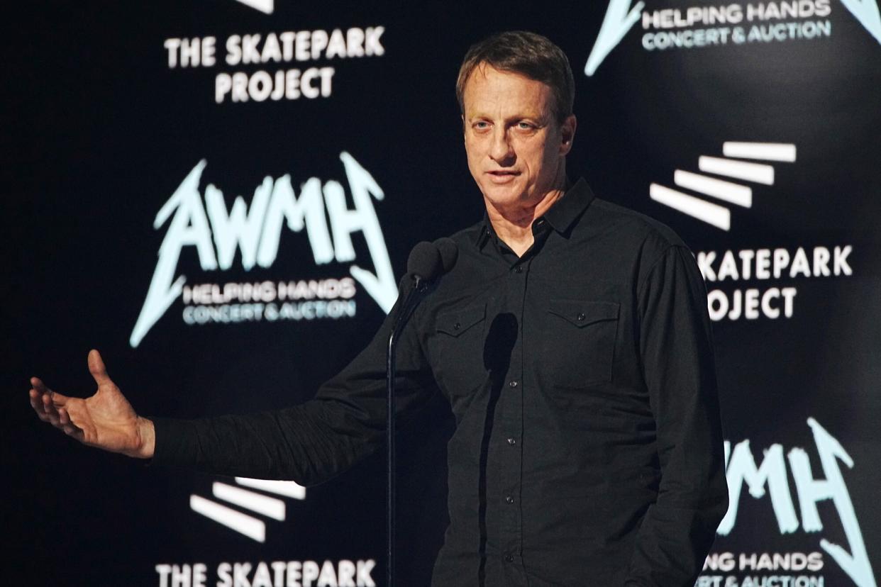 LOS ANGELES, CALIFORNIA - DECEMBER 16: Tony Hawk speaks onstage as Metallica Presents: The Helping Hands Concert (Paramount+) at Microsoft Theater on December 16, 2022 in Los Angeles, California. (Photo by Jeff Kravitz/Getty Images for P+ and MTV)