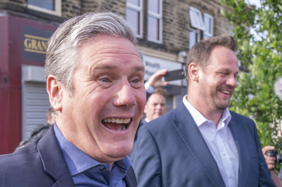 Labour leader Sir Keir Starmer meets with new Wakefield MP Simon Lightwood (right), as the party reclaimed the West Yorkshire seat from the Conservatives in the Wakefield by-election, which was triggered after Conservative MP Imran Ahmad Khan resigned earlier this year following his conviction for sexually assaulting a teenage boy. Picture date: Friday June 24, 2022. (Photo by Danny Lawson/PA Images via Getty Images)