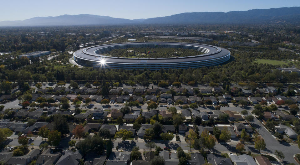 SUNNYVALE, CA: OCTOBER 21: Apple Park's spaceship campus is seen from this drone view in Sunnyvale, Calif., on Monday, Oct. 21, 2019. (Photo by Jane Tyska/MediaNews Group/The Mercury News via Getty Images)