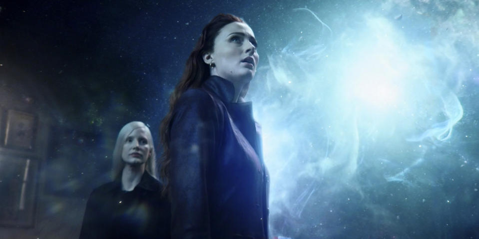 This image released by Twentieth Century Fox shows Sophie Turner and Jessica Chastain, left, in a scene from "Dark Phoenix." (Twentieth Century Fox via AP)