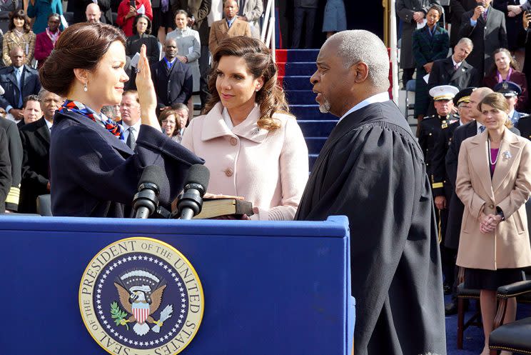Bellamy Young as Mellie Grant, Tessie Santiago as Luna Vargas, and Jesse D. Goins as Chief Justice on ABC’s ‘Scandal’ (Photo: Richard Cartwright/ABC)
