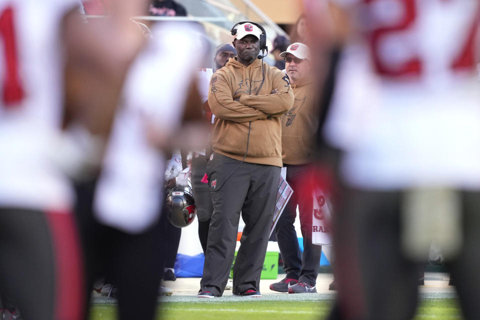 Nov 19, 2023; Santa Clara, California, USA; Tampa Bay Buccaneers head coach Todd Bowles stands on the sideline during the third quarter against the San Francisco 49ers at Levi’s Stadium. Mandatory Credit: Darren Yamashita-USA TODAY Sports