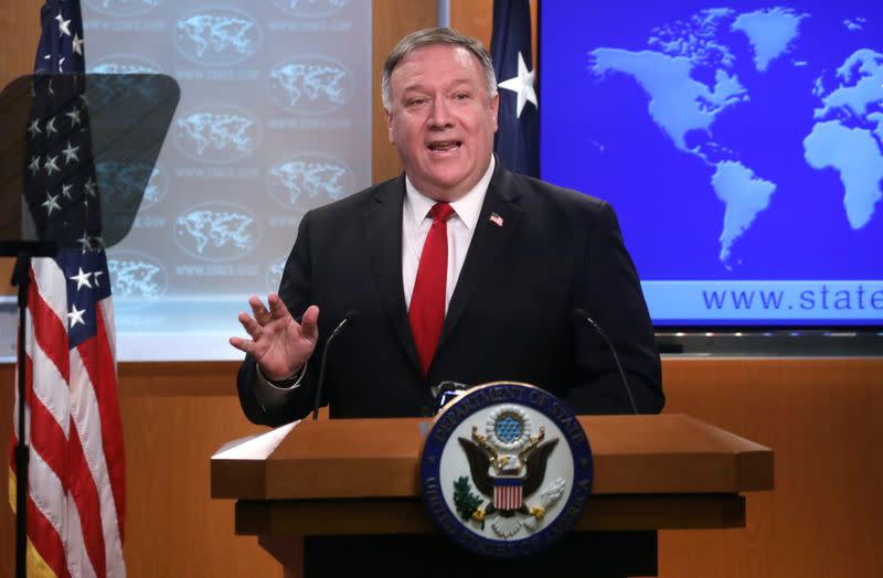 U.S. Secretary of State Pompeo addresses news conference at the State Department in Washington