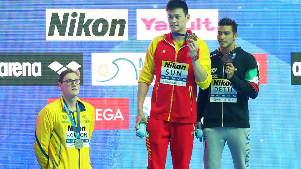 Mack Horton, pictured here refusing to take the podium with Sun Yang at the 2019 FINA World Championships.