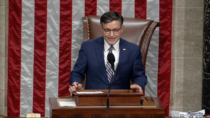 This image from House Television video shows House Speaker Mike Johnson of La., announcing Tuesday, Nov. 7, 2023, the vote total as the House votes to censure Rep. Rashida Tlaib, D-Mich., for her rhetoric about the Israel-Hamas war. (House Television via AP)