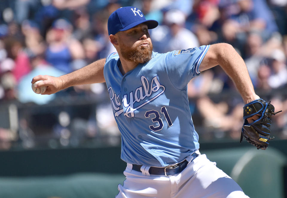 KANSAS CITY, MO - MAY 26: Kansas City Royals relief pitcher Ian Kennedy (31) pitches in relief during a MLB game between the New York Yankees and the Kansas City Royals, on May 26, 2019, at Kauffman Stadium, Kansas City, Mo. (Photo by Keith Gillett/Icon Sportswire via Getty Images)