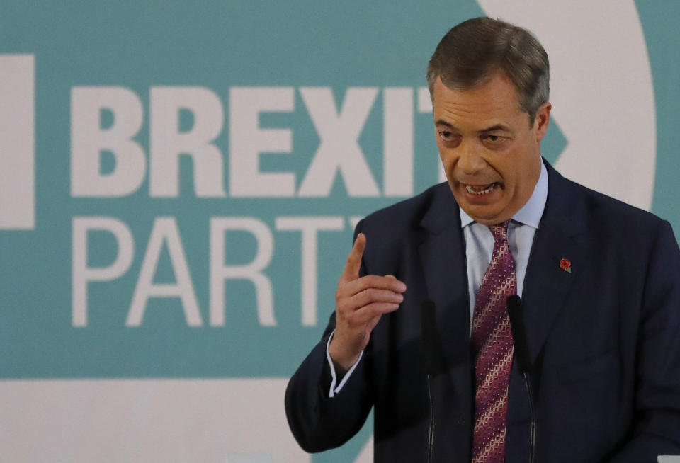 Brexit party leader Nigel Farage speaks during an event as part of the General Election campaign trail, in Hartlepool, England, Monday, Nov. 11, 2019. Britain goes to the polls on Dec. 12. (AP Photo/Frank Augstein)