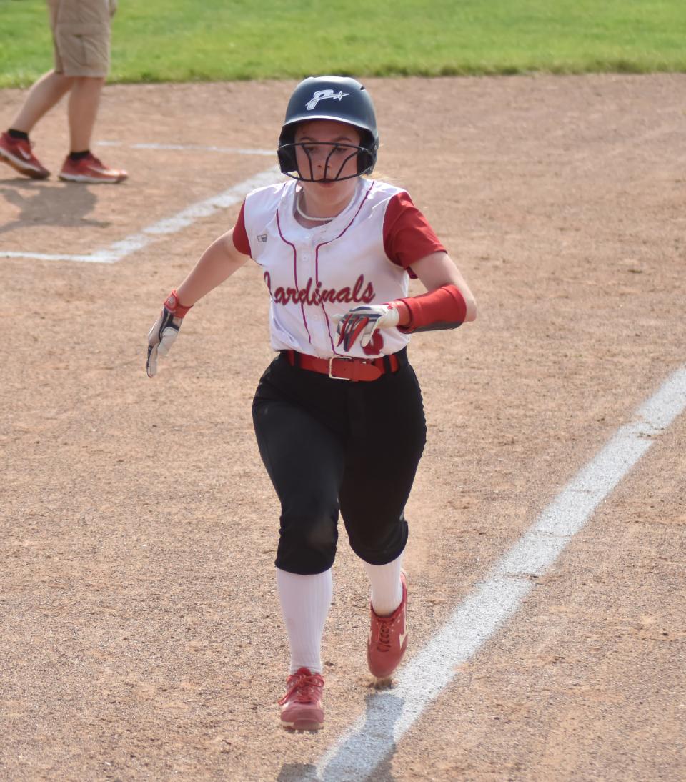 Maren DeBeau, shown here last year, went yard for the first time this season in the Cardinal sweep over Pennfield