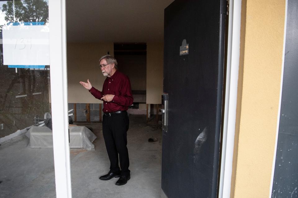 Jim Lowder, capital campaign manager for Homeward Bound's Home is Key initiative, in one of the hotel rooms which will house members of Asheville's chronically homeless population, those who have been homeless a year or longer and are living with at least one disabling condition, which could be physical, mental or a substance use disorder.