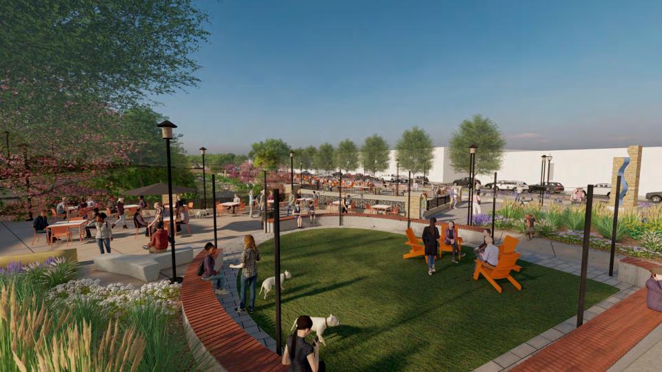 A rendering of the Renew Jordan Creek project, which is anticipated to begin construction mid-2024 and will include pedestrianizing Water Street. The goal of the project is to mitigate flooding and create a welcoming space where nature and urban life can meet.