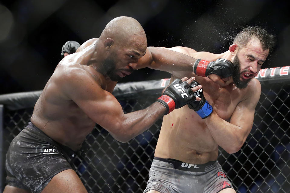 Jon Jones, left, connects a punch on Dominick Reyes, right, during a light heavyweight mixed martial arts bout at UFC 247 Sunday, Feb. 9, 2020, in Houston. (AP Photo/Michael Wyke)