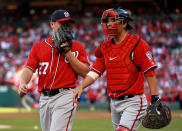 2 Jordan Zimmermann #27 and Kurt Suzuki #24 of the Washington Nationals talk after Zimmerman allows four runs in the second inning against the St. Louis Cardinals during Game Two of the National League Division Series at Busch Stadium on October 8, 2012 in St Louis, Missouri. (Photo by Dilip Vishwanat/Getty Images)