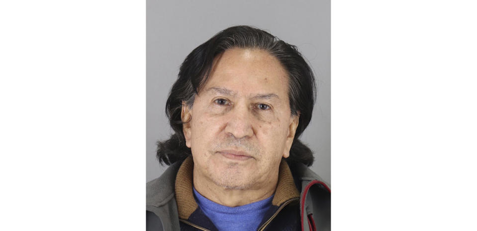 FILE - This booking photo released on March 18, 2019, by the San Mateo County Sheriff's Office shows former Peruvian President Alejandro Toledo Manrique. A United States federal court has denied Toledo's appeal to stop his extradition to his native country to face corruption charges. Toledo filed for a stay on his extradition pending a legal challenge to the U.S. State Department's decision to send him back to Peru where he is accused of taking $20 million in bribes from Odebrecht, a construction giant. (San Mateo County Sheriff's Office via AP, File)
