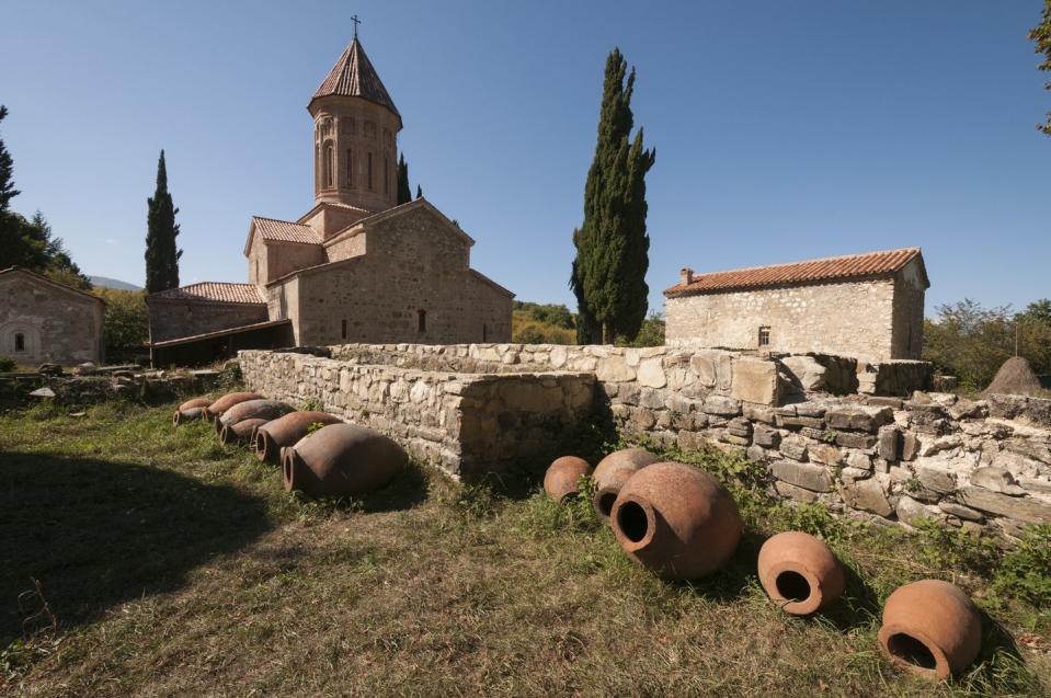 khvtaeba church with clay wine jugs