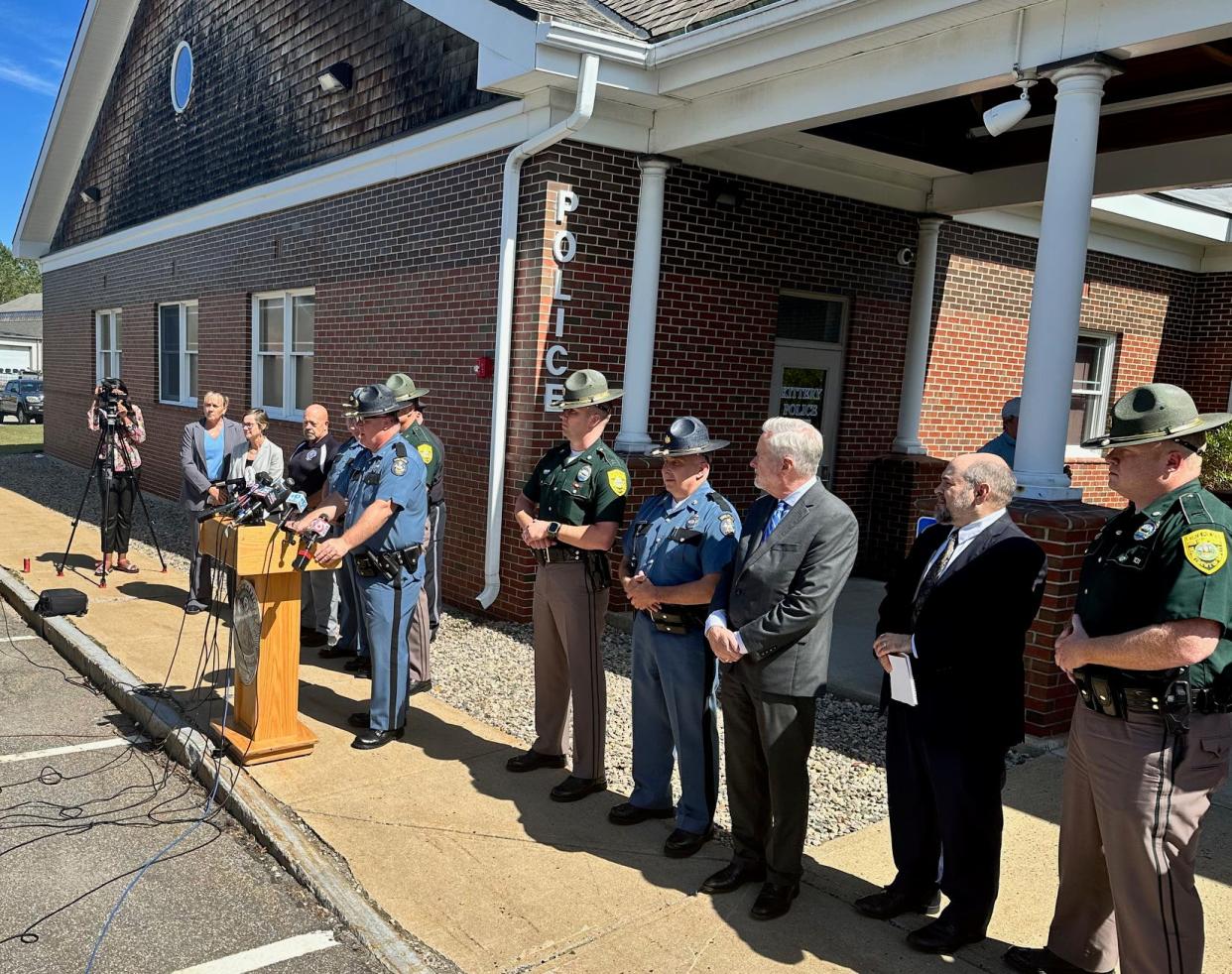 Authorities hold a press conference at the Kittery police station Thursday, Aug. 29, 2024, after police killed a murder suspect on the Piscataqua River Bridge.