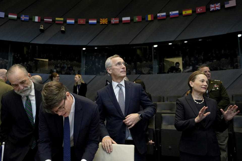 NATO Secretary General Jens Stoltenberg, center, arrives for a meeting of the North Atlantic Council in defense ministers session at NATO headquarters in Brussels, Thursday, Feb. 15, 2024. (AP Photo/Virginia Mayo)