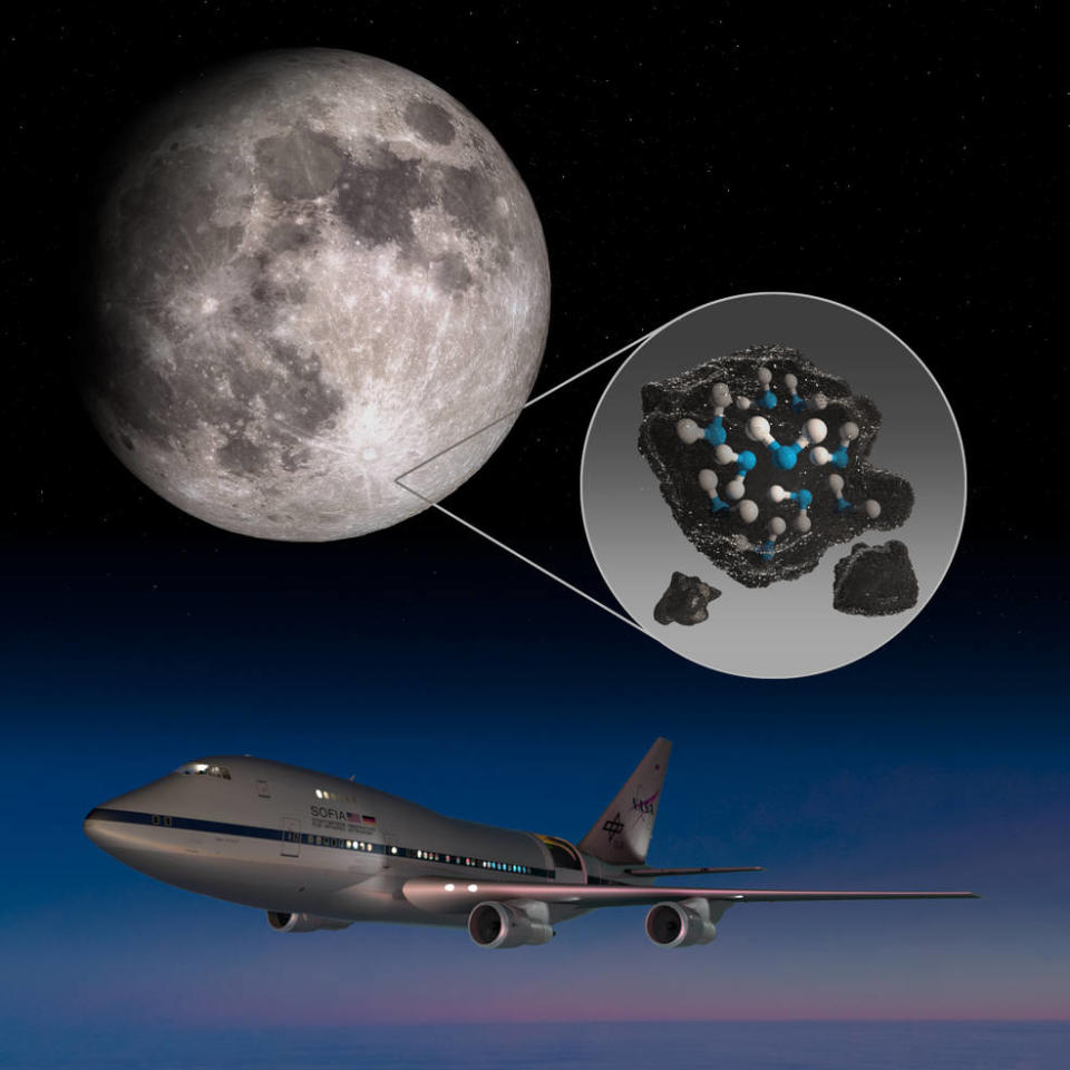 This image highlights the Moon’s Clavius Crater with an illustration depicting water trapped in the lunar soil there, along with an image of NASA’s Stratospheric Observatory for Infrared Astronomy (SOFIA) that found sunlit lunar water.<span class="copyright">NASA</span>