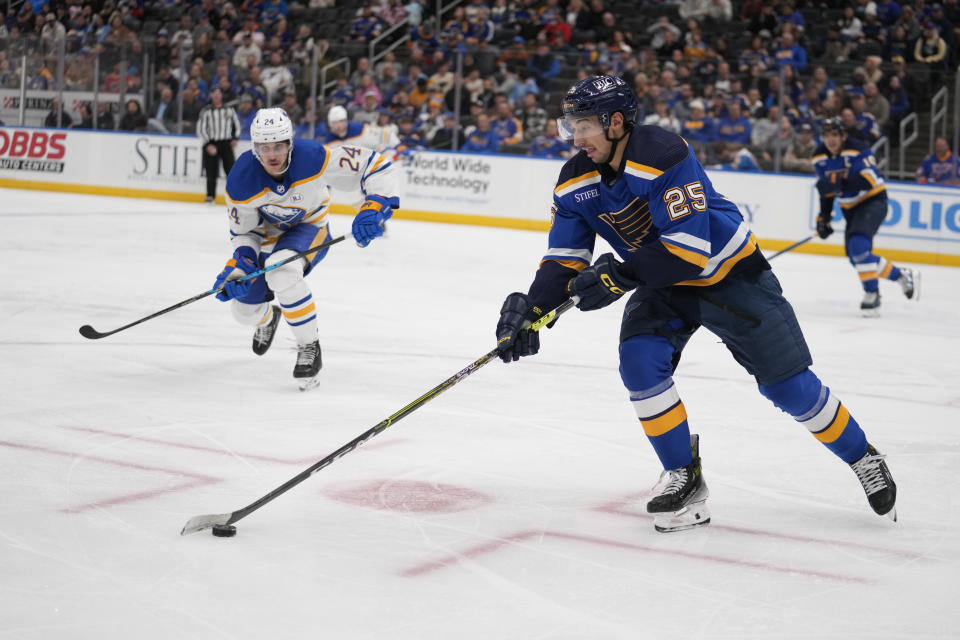 St. Louis Blues' Jordan Kyrou (25) controls the puck as Buffalo Sabres' Dylan Cozens (24) defends during the third period of an NHL hockey game on Thursday, Nov. 30, 2023, in St. Louis. (AP Photo/Jeff Roberson)