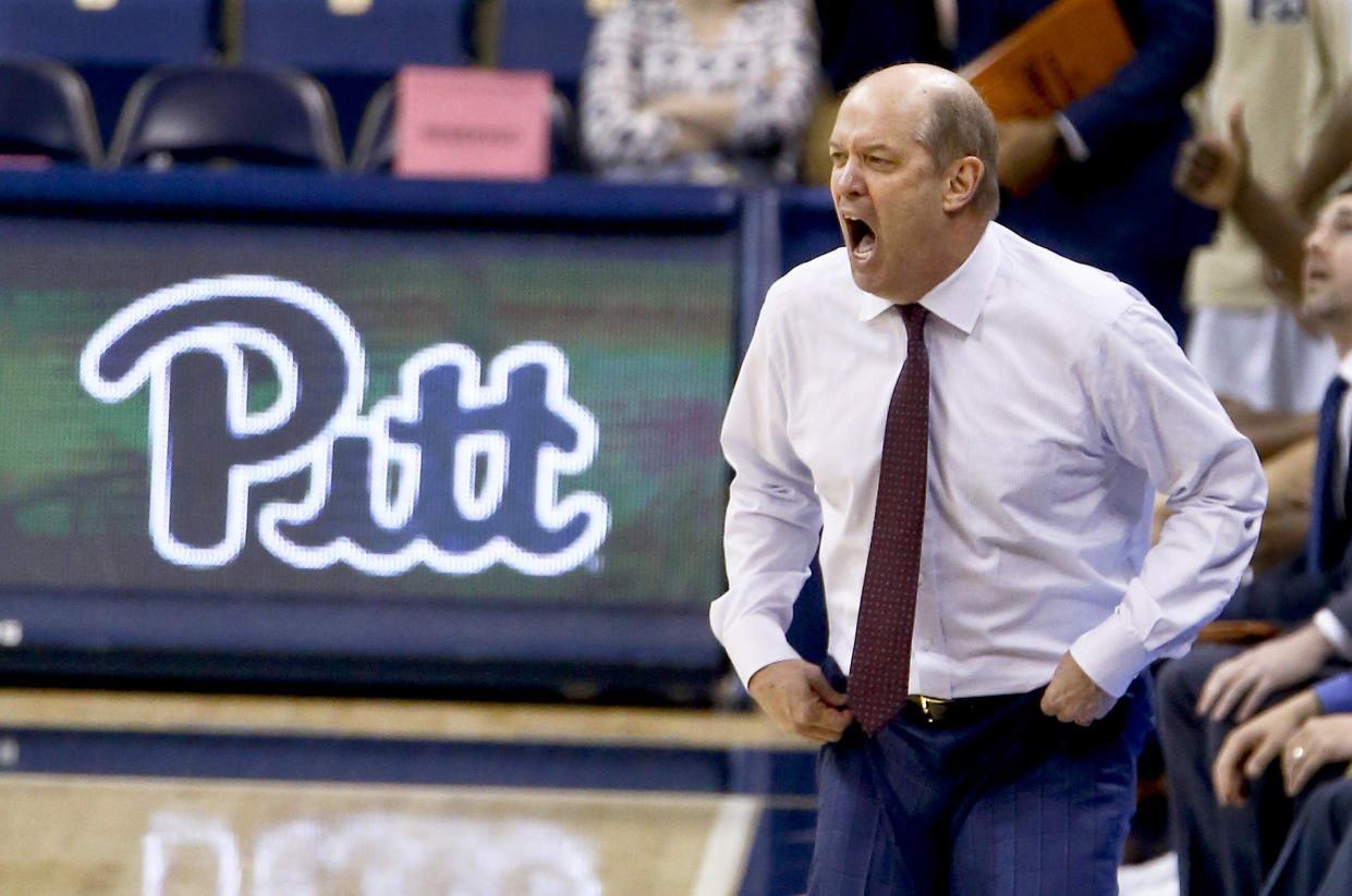 Pittsburgh coach Kevin Stallings reacts to a foul call as his team plays agianst Wake Forest during the second half of an NCAA college basketball game Wednesday, Feb. 21, 2018, in Pittsburgh. Wake Forest won 63-57. (AP Photo/Keith Srakocic)