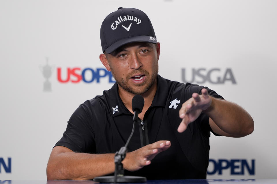 Xander Schauffele speaks during a news conference at the U.S. Open golf tournament Tuesday, June 11, 2024, in Pinehurst, N.C. (AP Photo/Matt York)