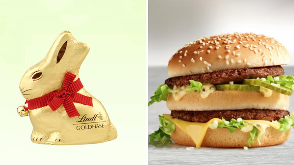 <p>Lindts Goldhase mit dem Glöckchen in der 200-Gramm-Größe enthält 64 Gramm Fett. Zum Vergleich: Ein Big Mac schlägt mit 25 Gramm Fett zu Buche – ein ganzer Hase ist somit, was den Fettgehalt angeht, so reichhaltig wie mehr als zwei der Riesenburger von McDonald’s. (Bilder: Lindt/McDonald’s) </p>